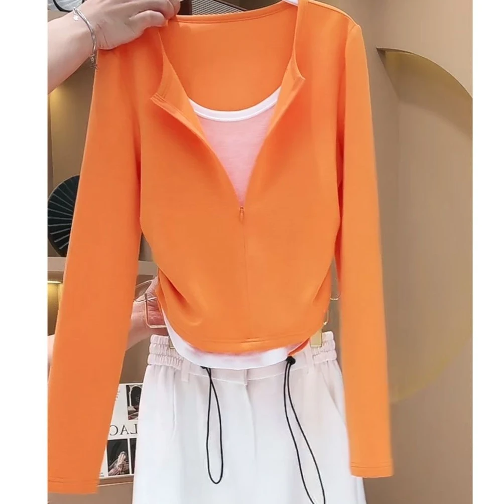 欧货时尚T恤2024早秋新款洋气拼接假两件收腰显瘦打底长袖上衣潮