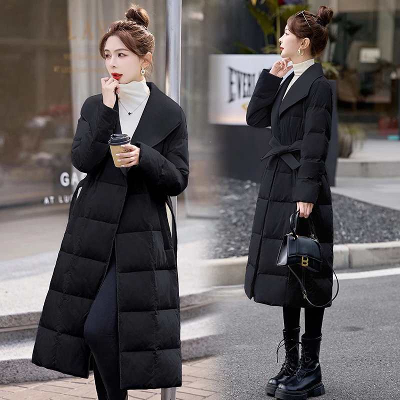 大翻领羽绒服女中长款2025年冬季新款气质收腰显瘦加厚白鸭绒外套