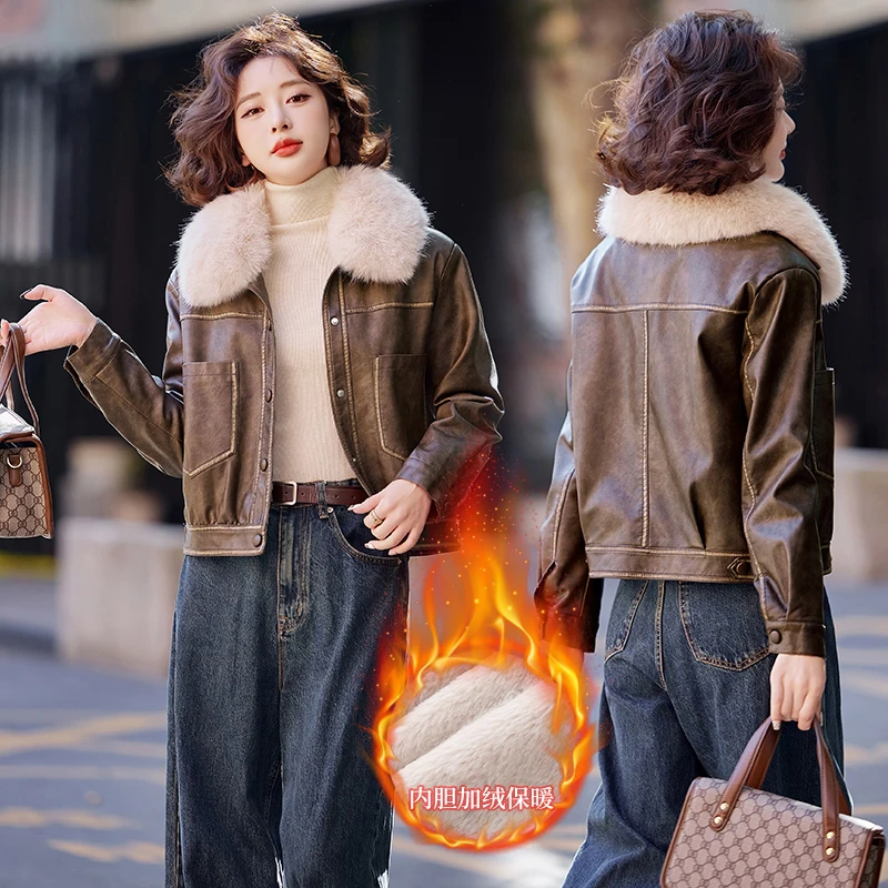 短款皮衣女加绒加厚2024秋冬新款小个子大毛领百搭显瘦机车皮棉服