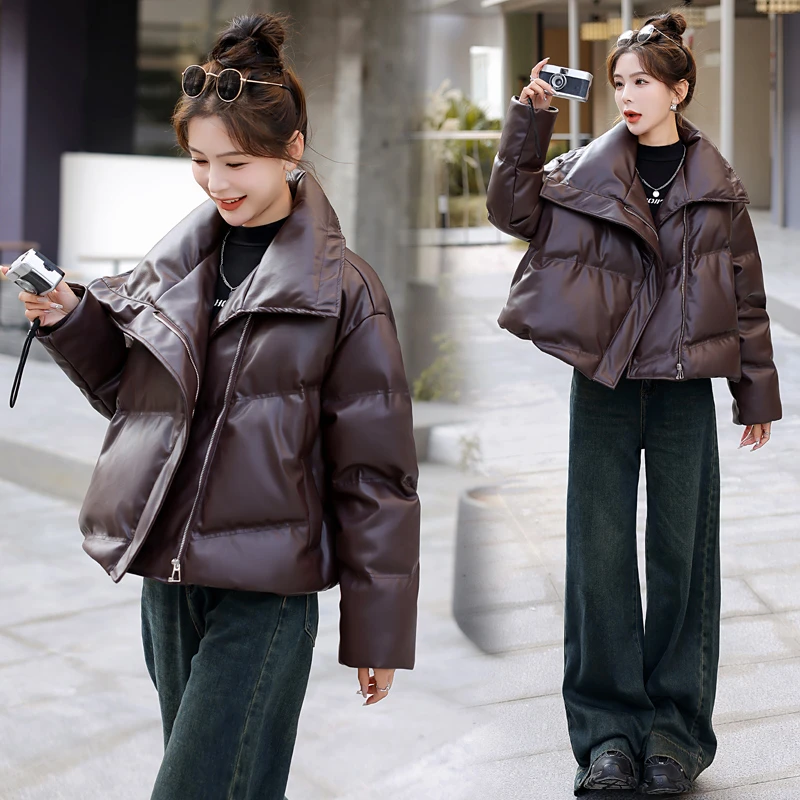 免洗PU皮短款羽绒服女2024年冬装新款时尚设计感小个子面包服外套