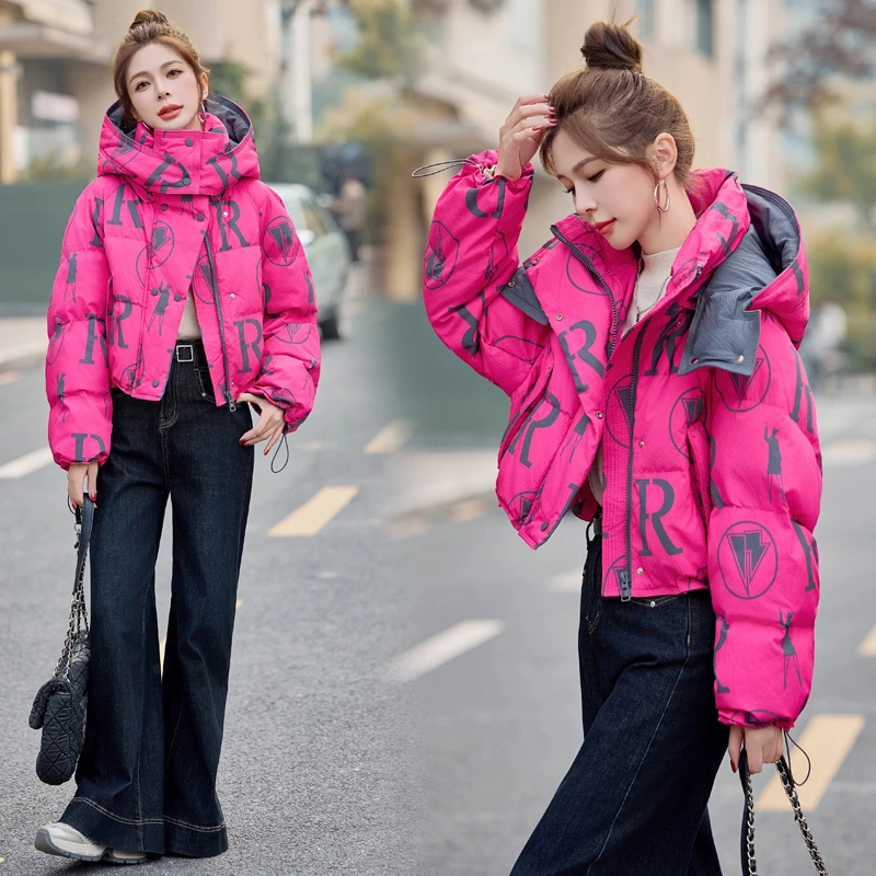 短款羽绒服女2025冬季新款设计感涂鸦字母白鸭绒加厚保暖洋气外套