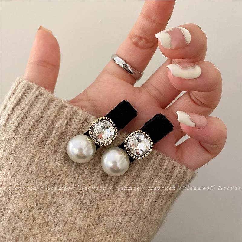 黑色珠珠丝绒刘海侧边发夹女前额ins高端头饰精致发饰鸭嘴夹子