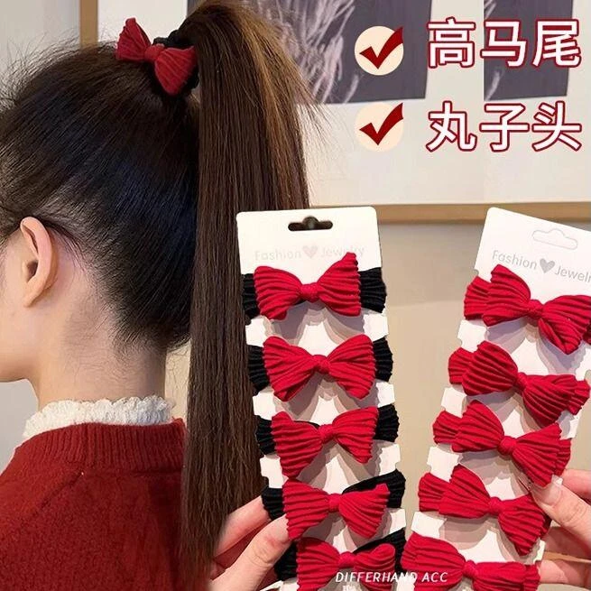 新年红色蝴蝶结头绳橡皮筋女扎头发高马尾发圈高弹力耐用皮套头饰