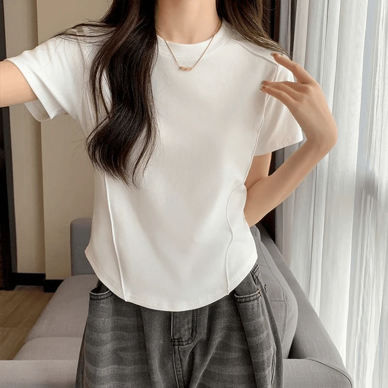 夏季纯欲风鱼骨正肩短袖纯色T恤女设计感弧形大码百搭打底衫上衣