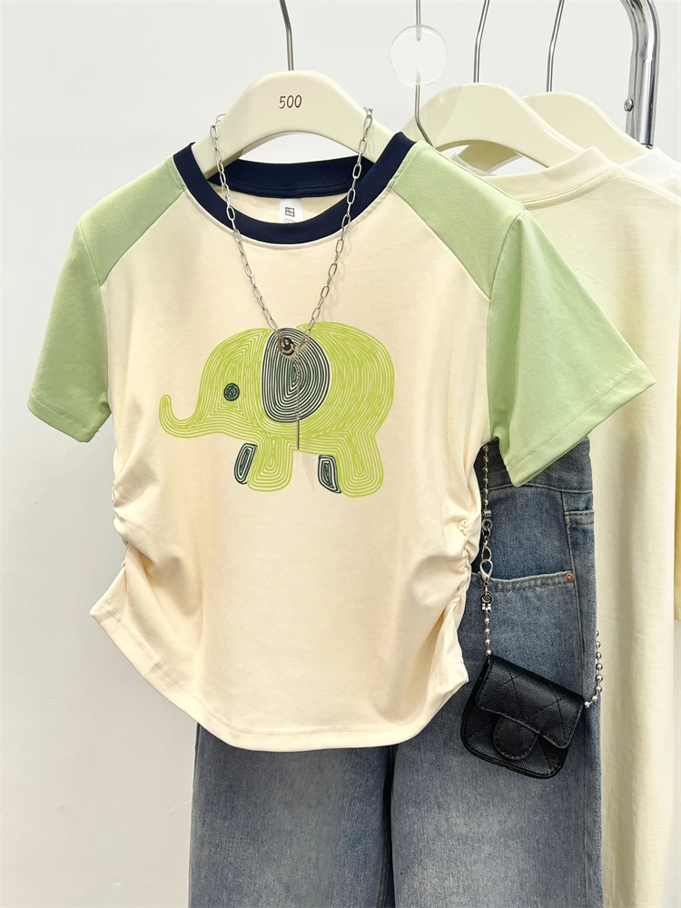 正肩抽褶收腰插肩休闲外穿短袖t恤女夏季时尚新款修身显瘦上衣