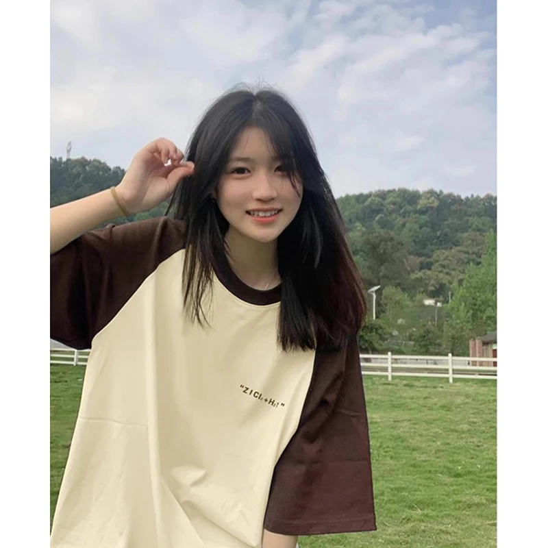 小众休闲撞色纯棉短袖t显瘦恤女夏季百搭宽松设计感插肩印花上衣