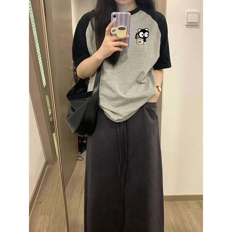 小众休闲撞色纯棉短袖t显瘦恤女夏季百搭宽松设计感插肩印花上衣