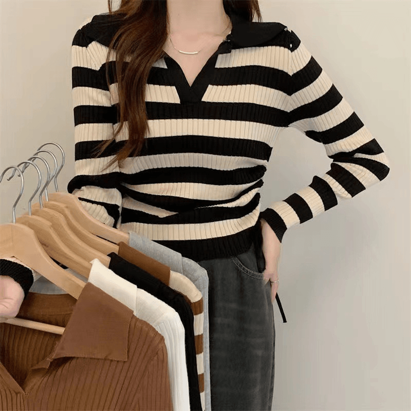 翻领设计感抽绳短款长袖条纹针织衫女秋冬季修身百搭打底衫上衣女