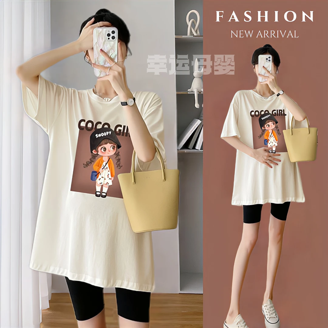 孕妇纯棉T恤大码中长款宽松灵动女孩印花显瘦时尚短袖孕妇上衣