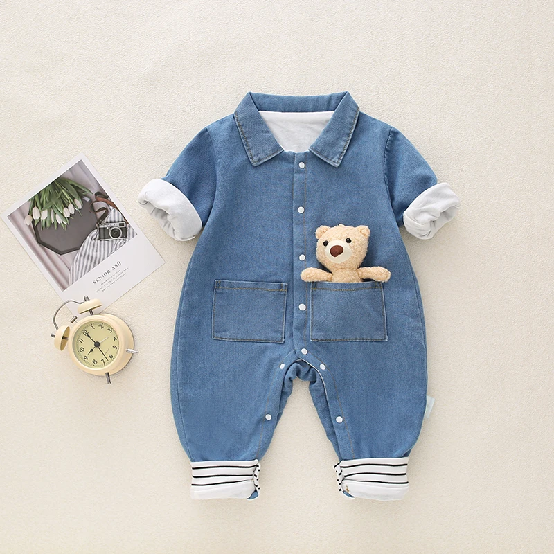 口袋熊牛仔婴儿连体衣双层宝宝春秋长袖幼儿洋气帅气宝宝秋季