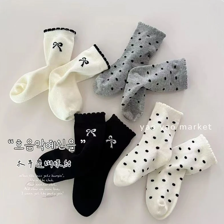 女童袜子春秋款韩版洋气波点蝴蝶结女孩中筒袜秋季中大童宝宝棉袜