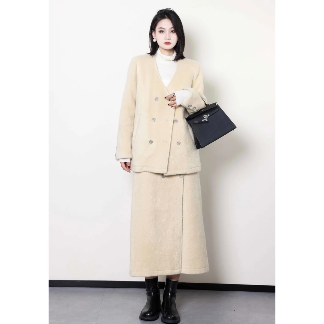 QC李潇洒【秋月银杏】微胖大码女装冬季V领毛呢夹棉套装ZY310L57/58