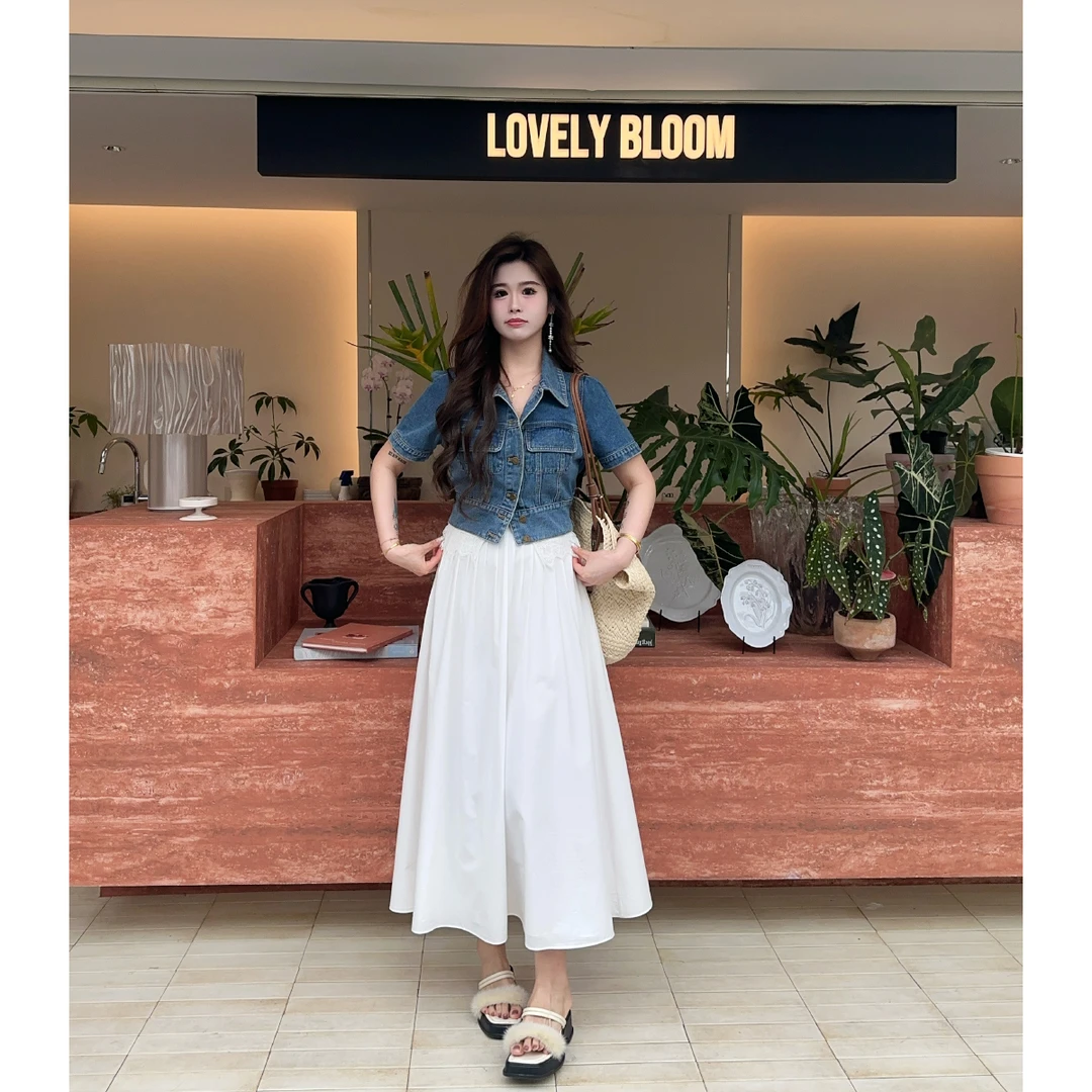 QC潇洒【环岛假日】微胖大码显瘦夏日蕾丝拼接显比例牛仔短外套