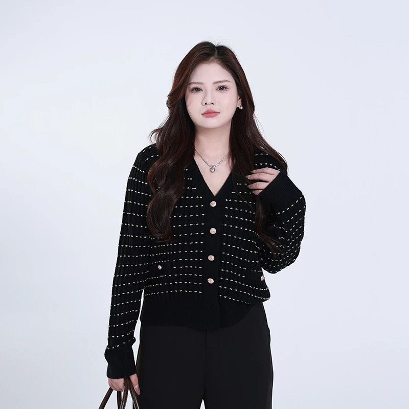 QC李潇洒【星光橱窗】微胖大码女秋冬V领遮肉显瘦针织上衣毛衣