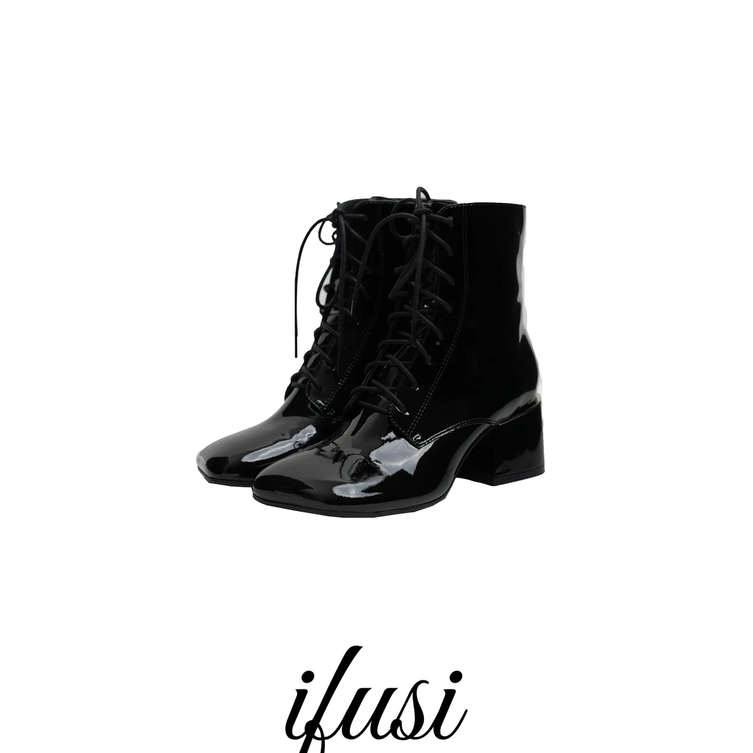 【IFUSI】 方头绑带漆皮粗跟中靴轻奢时尚2399-8