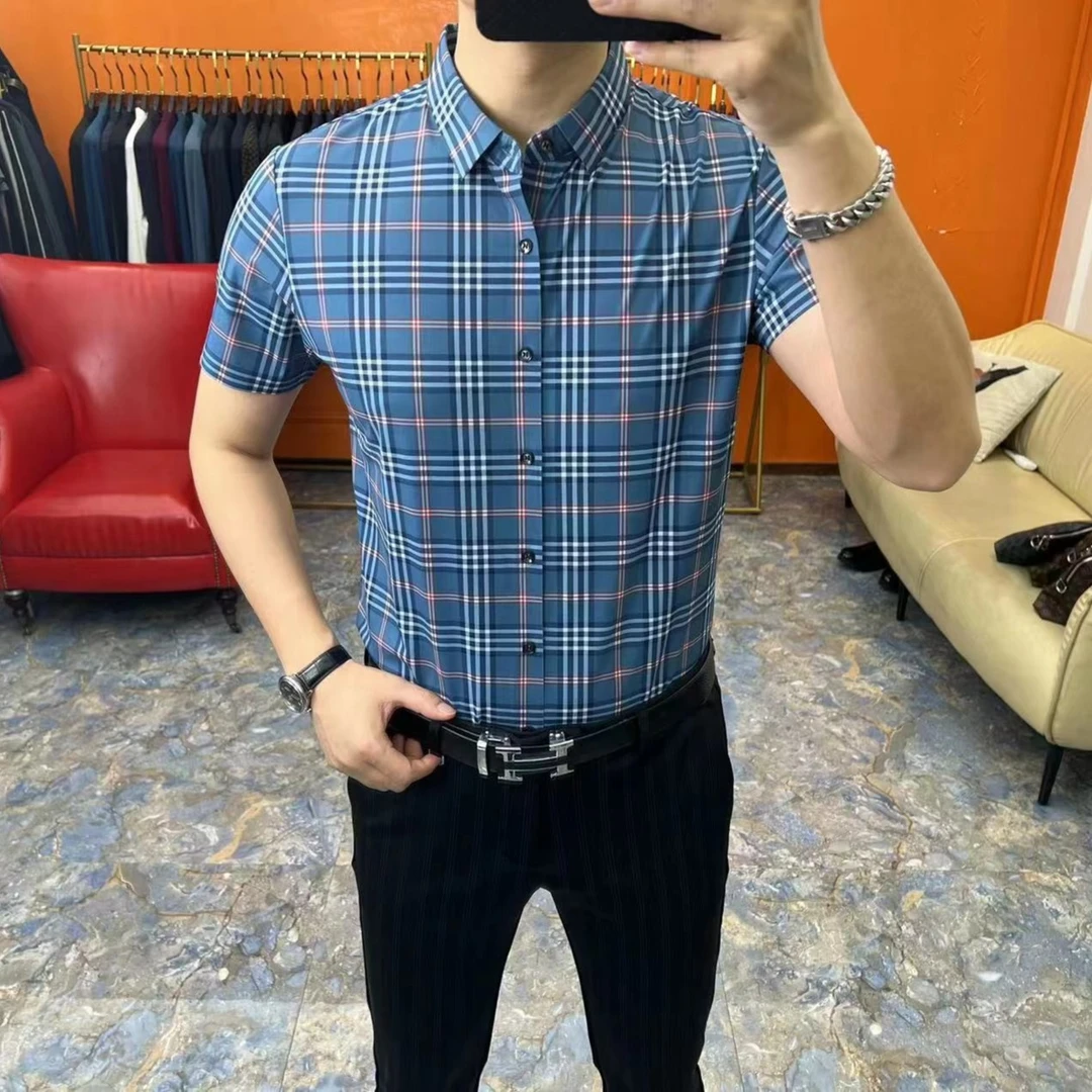 夏季男士商务休闲百搭轻奢凉丝感格子衬衫2318-1款