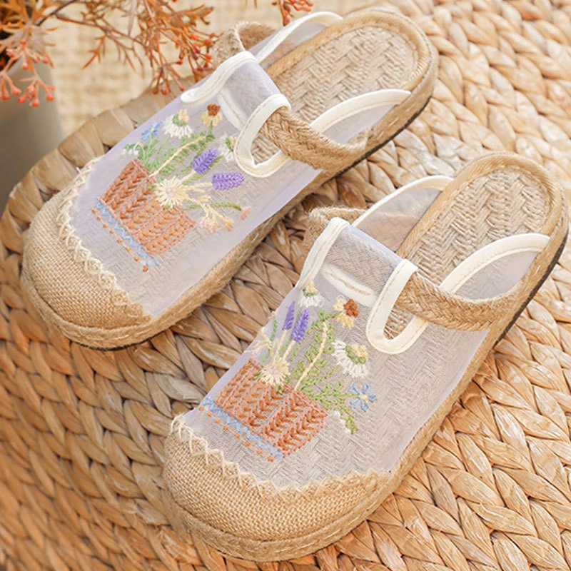 新款网纱透气老北京绣花鞋休闲夏季软底防滑民族风一脚蹬懒人鞋