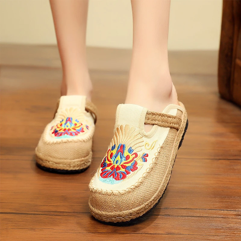 春夏款老北京布鞋民族风绣花鞋圆头平底包头拖鞋防滑软底懒人鞋