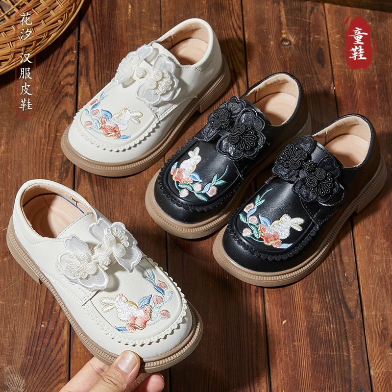 女童小皮鞋2024秋新款黑白色公主鞋古装国风绣花马面裙儿童汉服鞋