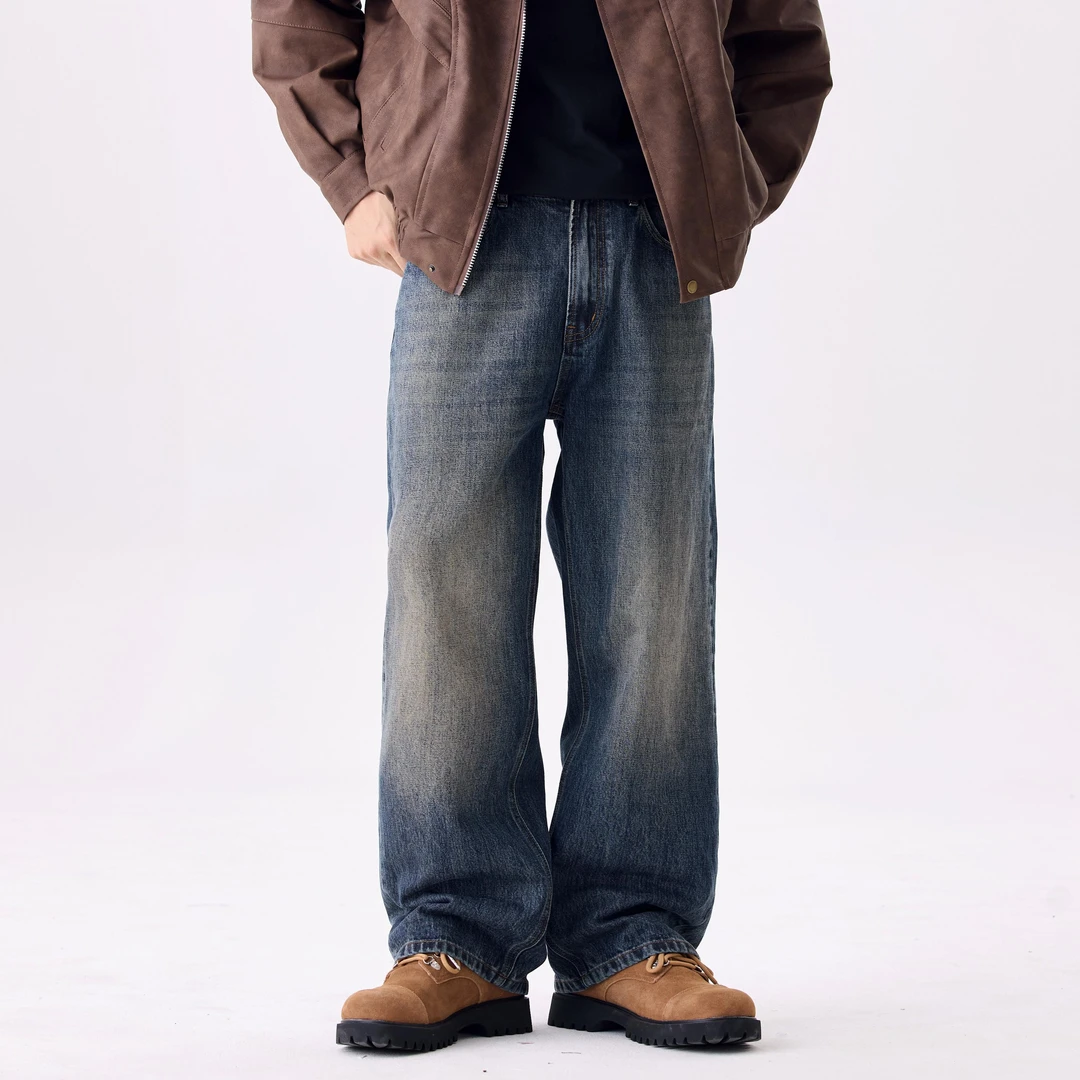 【赤原】秋冬美式复古休闲牛仔裤男士时尚宽松直筒阔腿垂坠感长裤