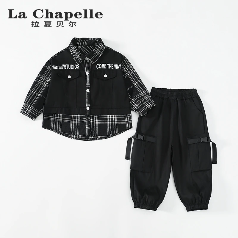 La Chapelle/拉夏贝尔儿童秋装格子工装男童春秋帅气两件套装W920