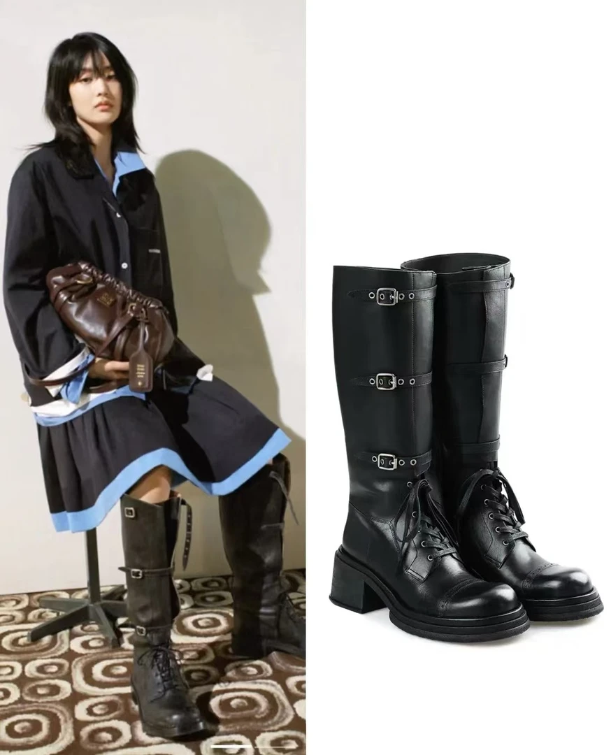 MANIKA GUAN秋冬爆款黑色马皮厚底骑士靴小众设计师女鞋MK2077126