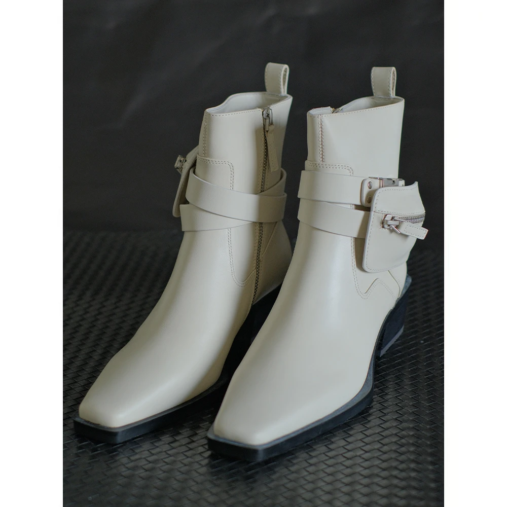 MANIKA GUAN白色小方头真皮短靴女爆款2024秋冬新款拉链MK191261