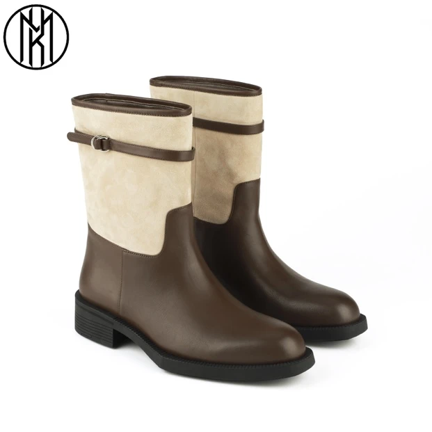 MANIKA GUAN时尚真皮英伦风简约复古宽筒靴MK23K35