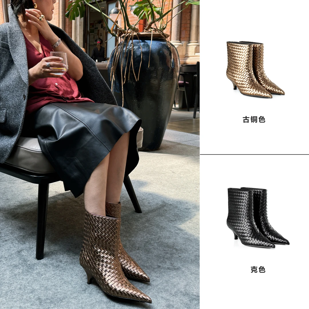MYWANTS 2025新款编织纹理尖头细跟短靴时尚百搭潮流MW2A1101-153