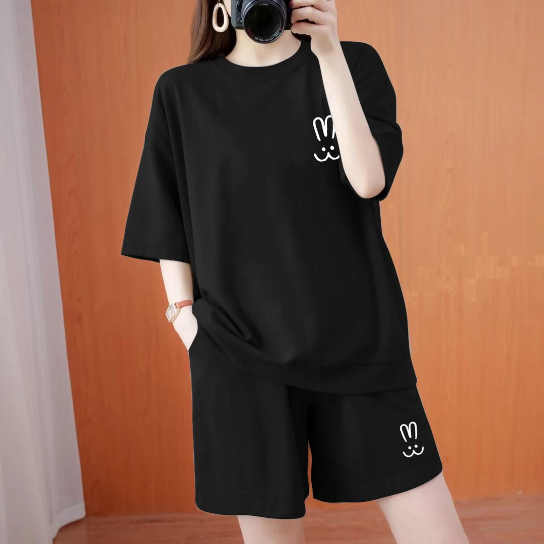 【赠运费险】时尚大码100%棉减龄套装女士中年妈妈夏季宽松短袖短裤