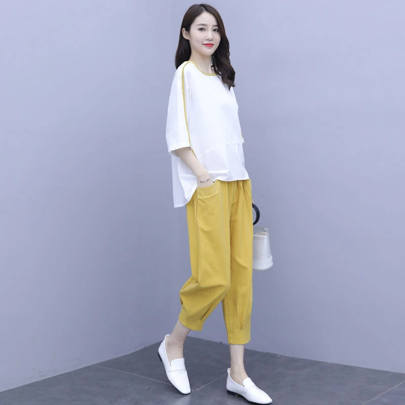 【早春穿搭】胖妹妹时尚洋气套装女春夏小清新宽松T恤七分裤减龄