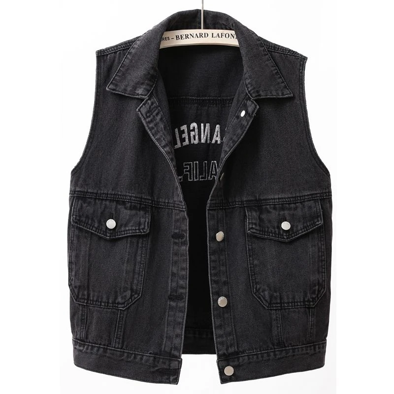 2025春秋百搭破洞牛仔马甲女短款宽松刺绣口袋马夹背心坎肩上衣潮