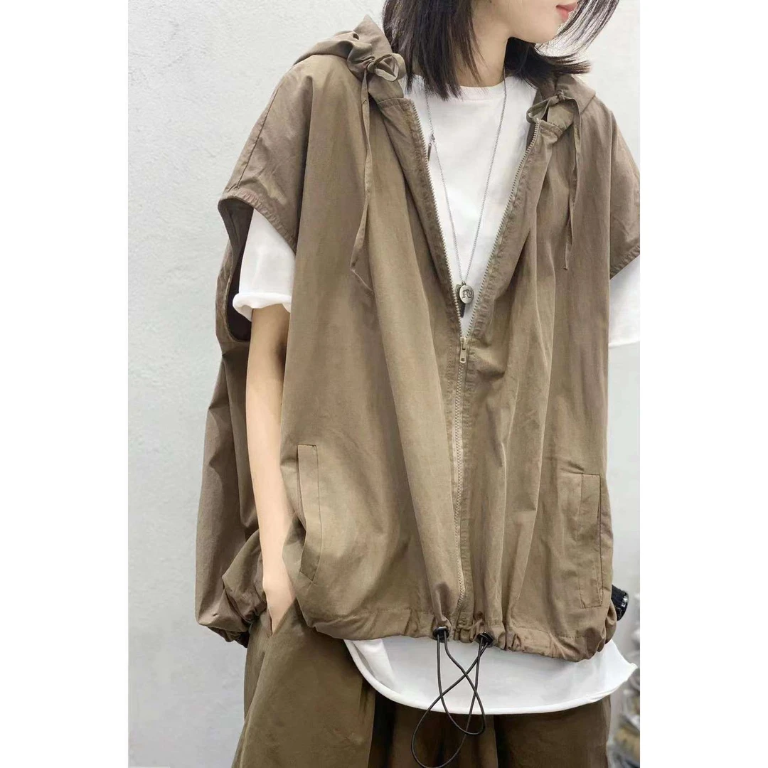 棉麻马甲女夏季新款宽松大码复古薄款洋气马夹设计感上衣连帽外套