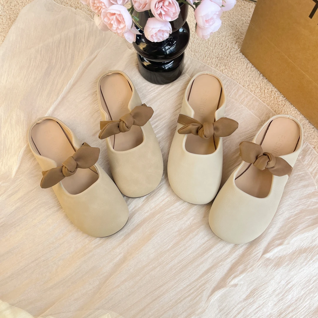 2025年夏季新款蝴蝶结温柔仙女风懒人拖网红软底平底半包拖鞋