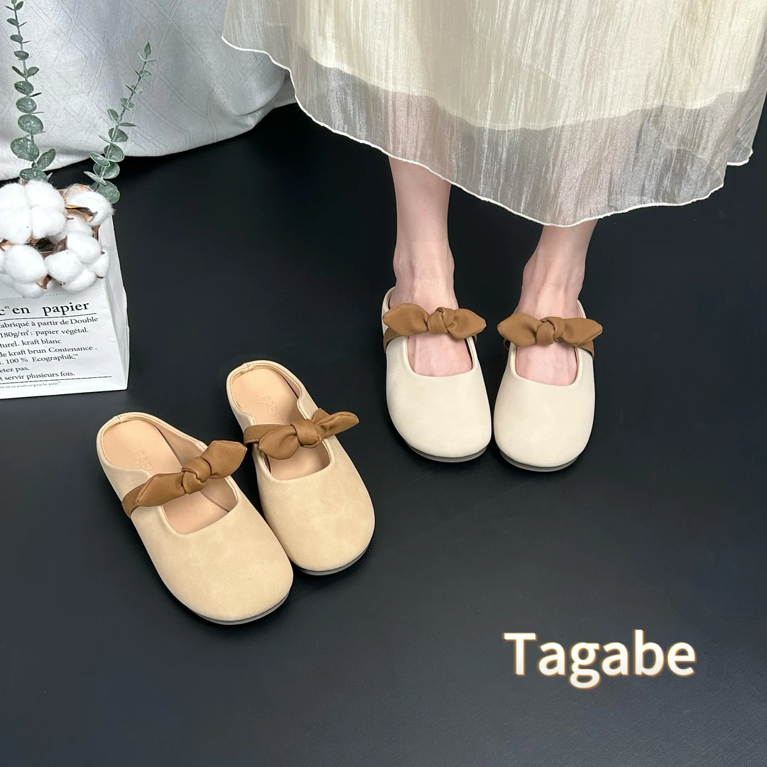 Tagabe夏季新款百搭蝴蝶结半包网红女外穿小圆头温柔懒人一脚蹬