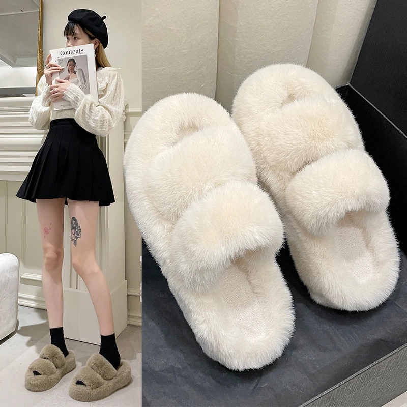 【鹿嘻嘻专属】双杠秋冬季时尚百搭厚底防滑毛毛拖鞋居家毛绒毛毛鞋
