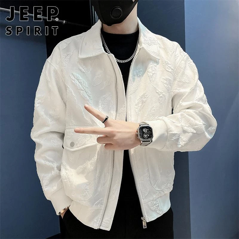 Jeep吉普翻领夹克男士秋冬季新款外套男装时尚印花百搭宽松休闲男