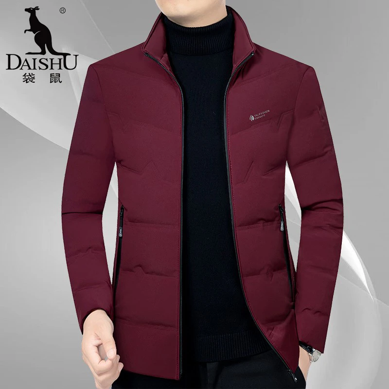 袋鼠立领羽 绒服男冬季短款加厚保暖爸爸装轻薄立领酒红色外套