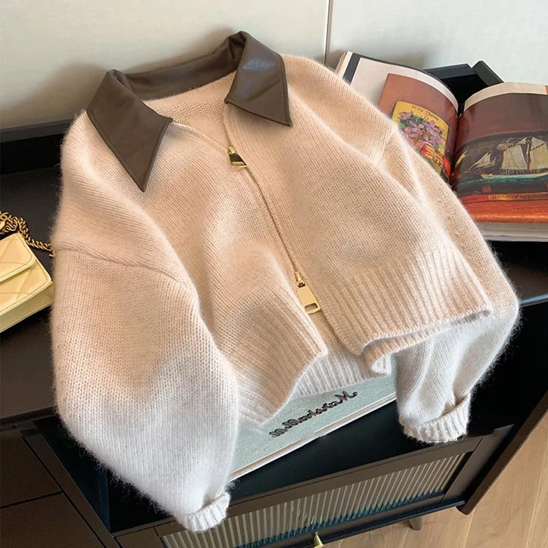 美拉德时尚设计感双拉链针织毛衣女2025秋冬大码胖mm宽松短款上衣