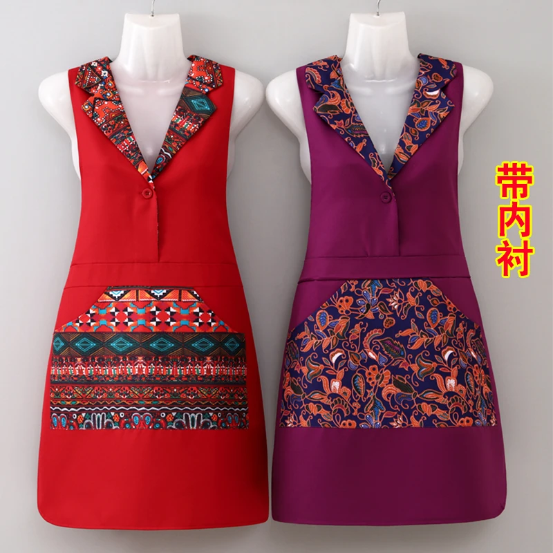 新款民族风翻领坎肩围裙厨房家用美容院高档餐厅洋气时尚工作服女