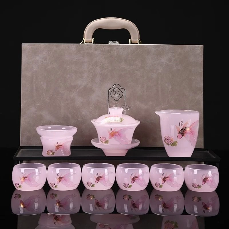 高档专用琉璃茶具套装家用盖碗茶壶办公室六色全套茶具高档礼盒装