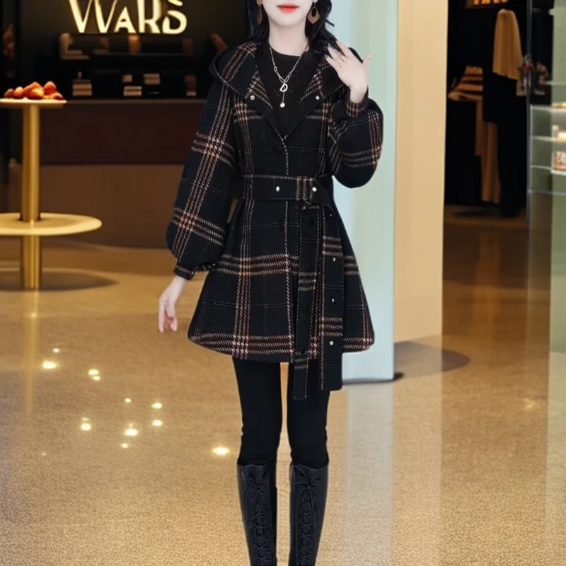 【外套】2024秋冬季新款优雅气质高档减龄收腰显瘦格子外套M-4XL