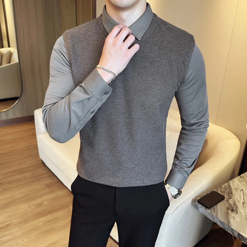 秋冬打底衫假两件衬衫领针织背心套头男潮黑色保暖上衣毛衫修身