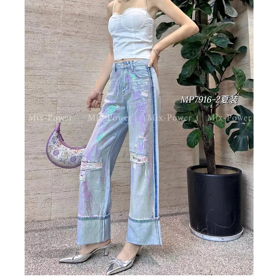 Chao Liu Zai Xian/潮流在现夏季新款时尚彩色亮片牛仔阔腿裤女