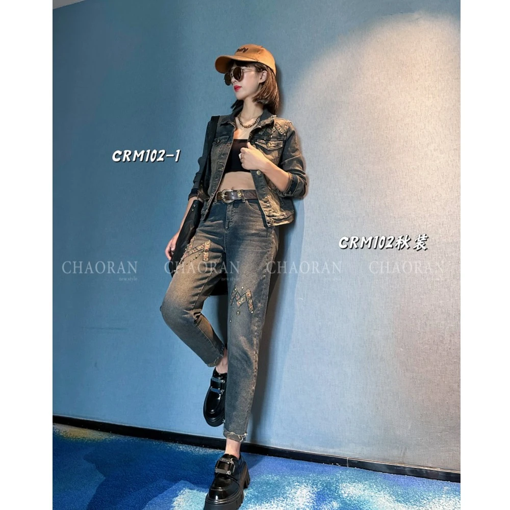 Chao Liu Zai Xian/潮流在现复古韩版宽松显瘦牛仔外套上衣套装女