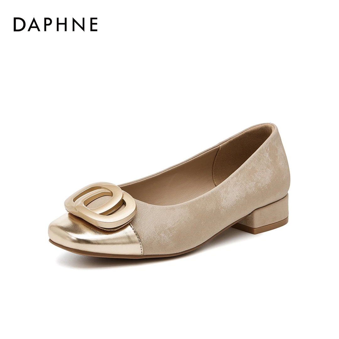 达芙妮女士气质时尚粗跟方头浅口舒适2024春季法式平底玛丽珍单鞋