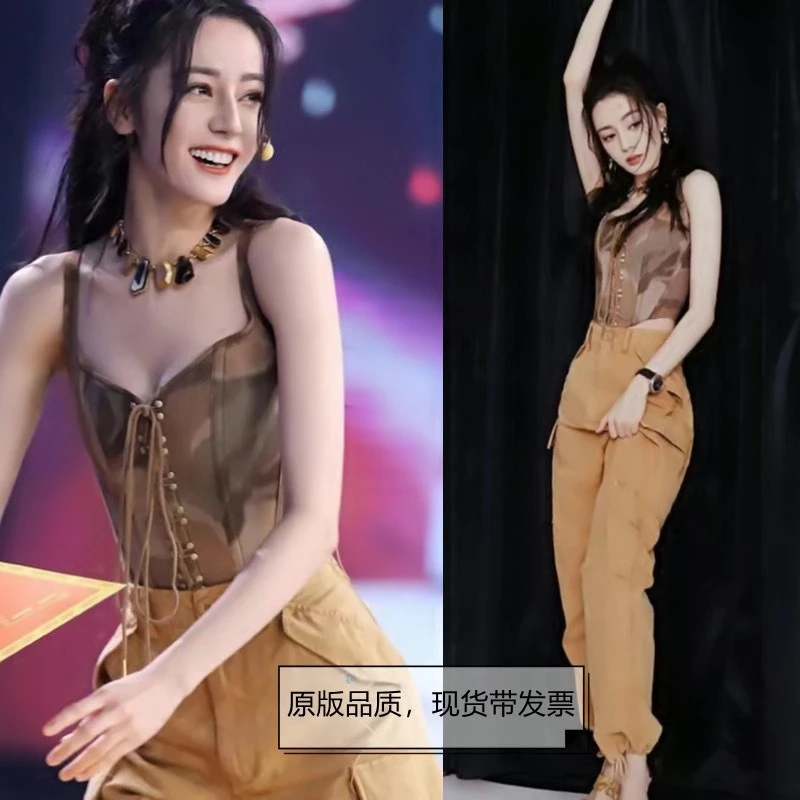 明星同款hiphop多口袋束脚卡其色工装裤女街舞宽松直筒休闲长裤