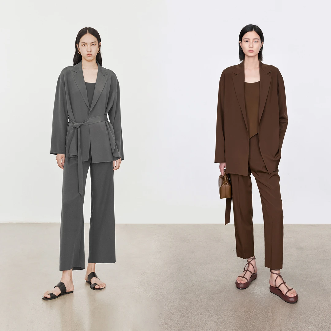 CHICJOC专柜弹力重绉真丝 CleanFit风高级随性防晒西装/9分锥型裤