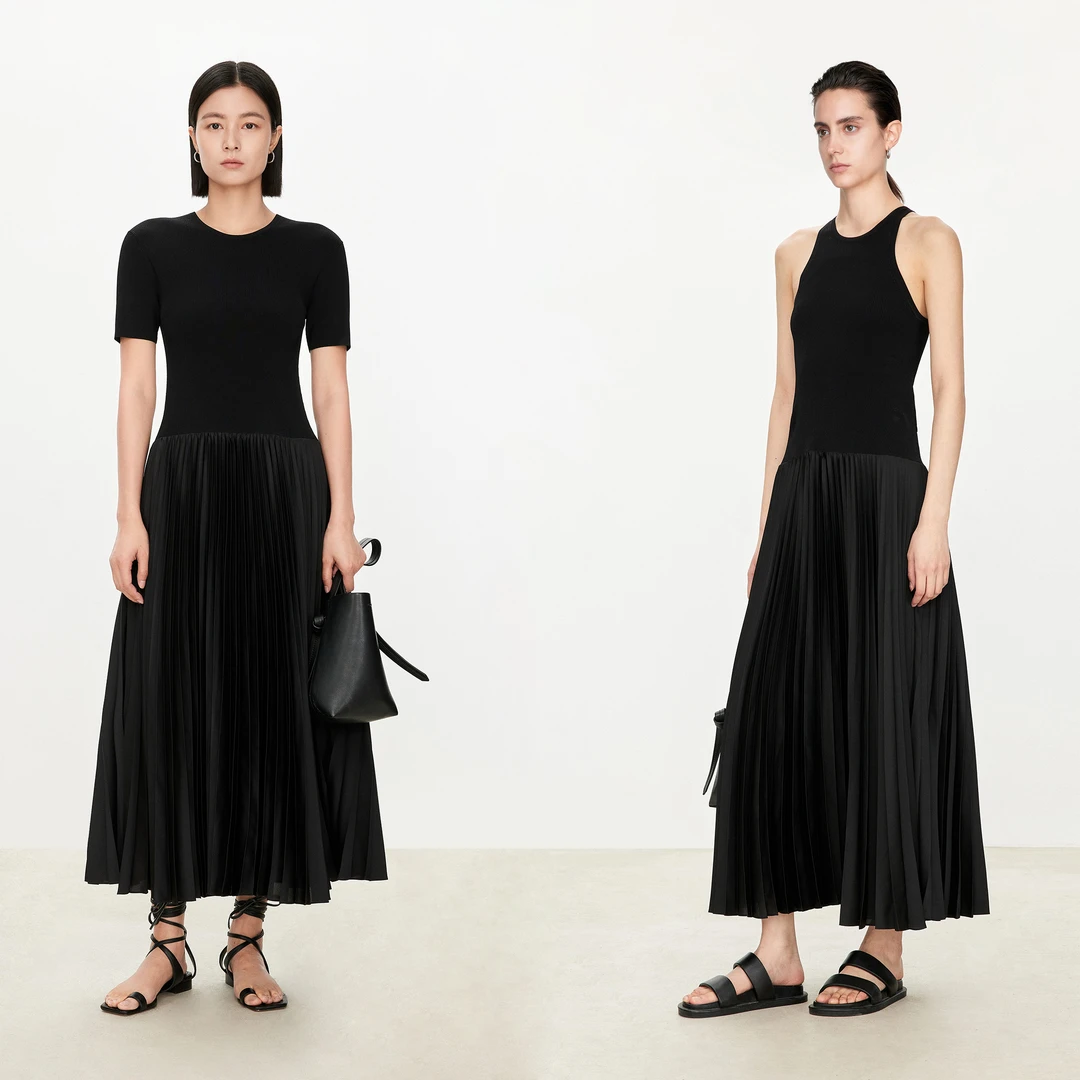 CHICJOC专柜同款VISCOSE凉感纱+珠光缎INS风修身针织拼风琴百褶裙