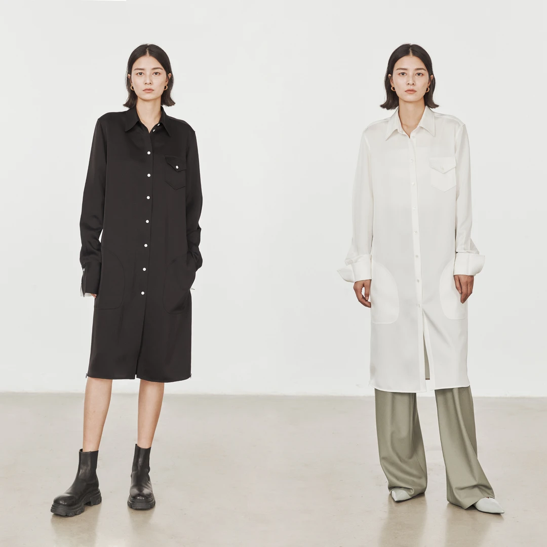 JOC日本进口光泽感双面三醋酸缎 INS多穿法侧拉链开衩衬衫裙